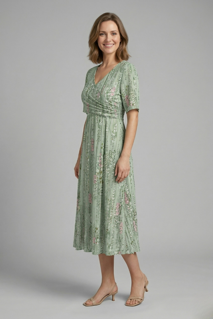 Women’s Midi Dress with V-Neck and Short Sleeves