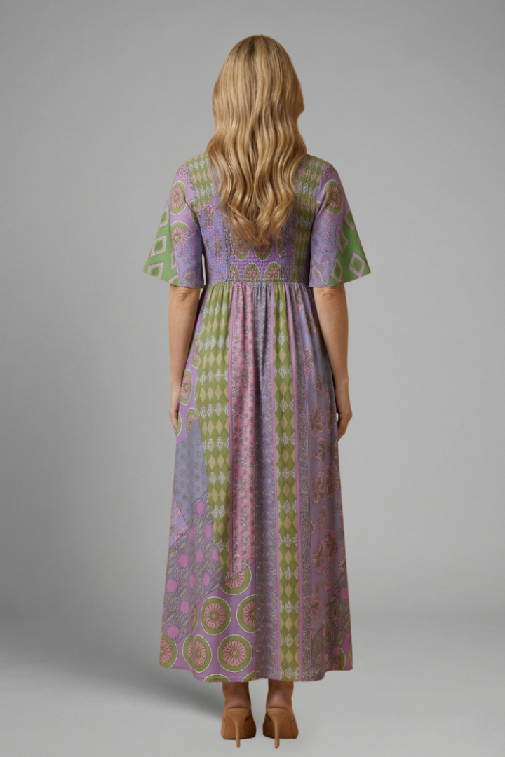 Women’s Midi Dress with Paisley Pattern and Round Neckline