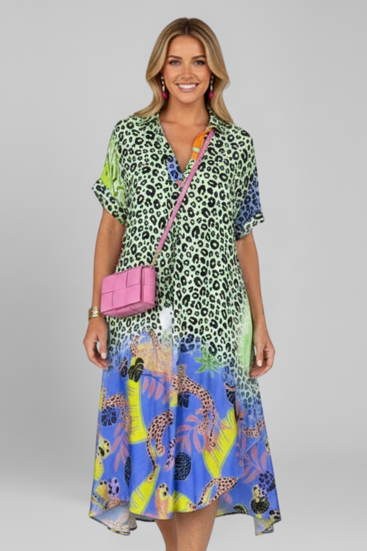 Women’s Midi Dress with V Neckline and Patterned Surface