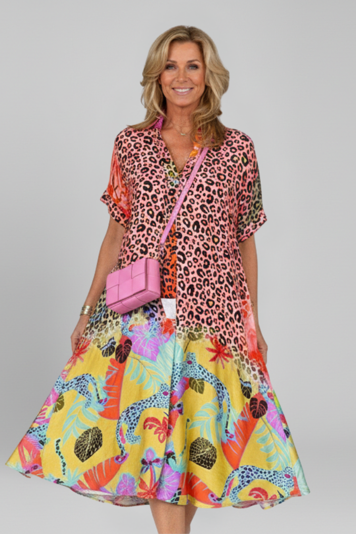 Women’s Midi Dress with V Neckline and Patterned Surface