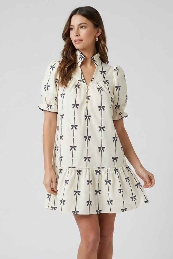 Women’s Mini Dress with Bow Print and Puff Sleeves