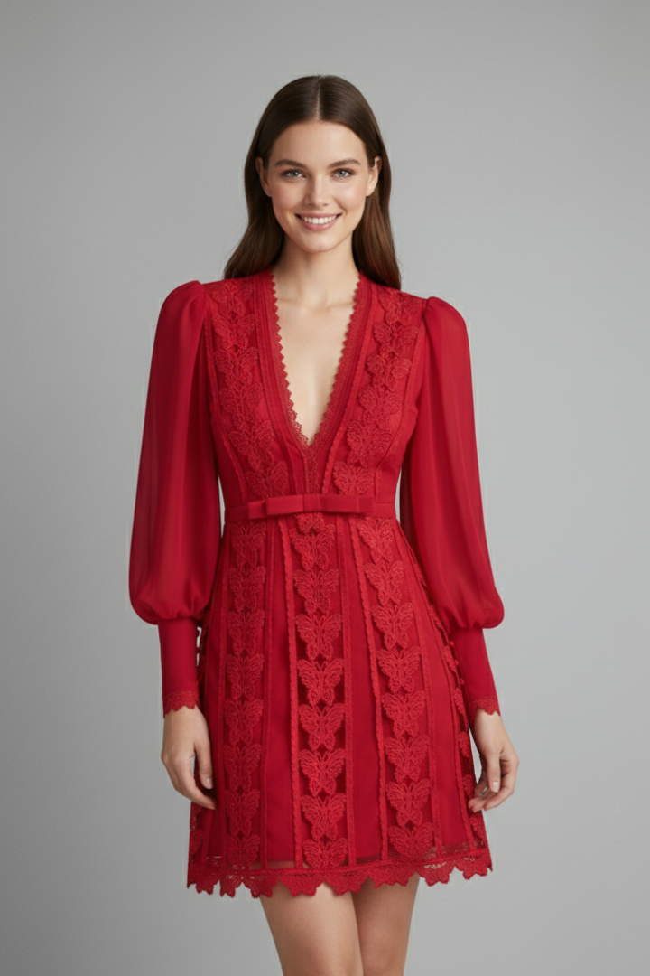 Women’s Mini Dress with V Neckline and Long Sleeves