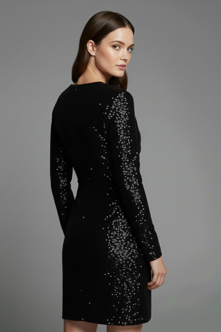 Women’s Mini Dress with V Neckline and Sequin Surface