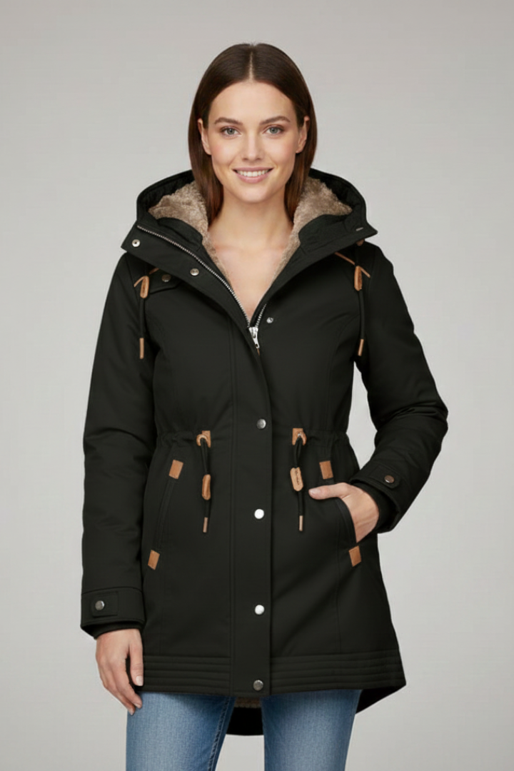 Women’s Parka Jacket with Hood and Drawcord Waist