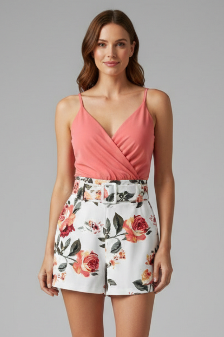 Women’s Romper Dress with V-Neck and Floral Print