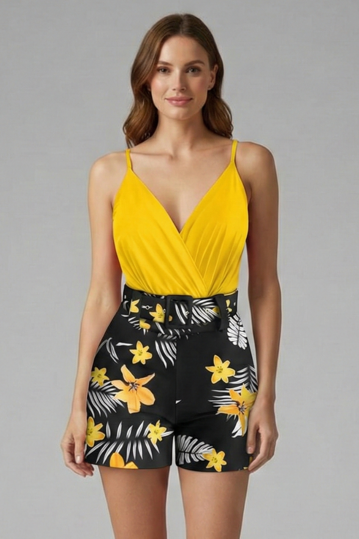 Women’s Romper Dress with V-Neck and Floral Print