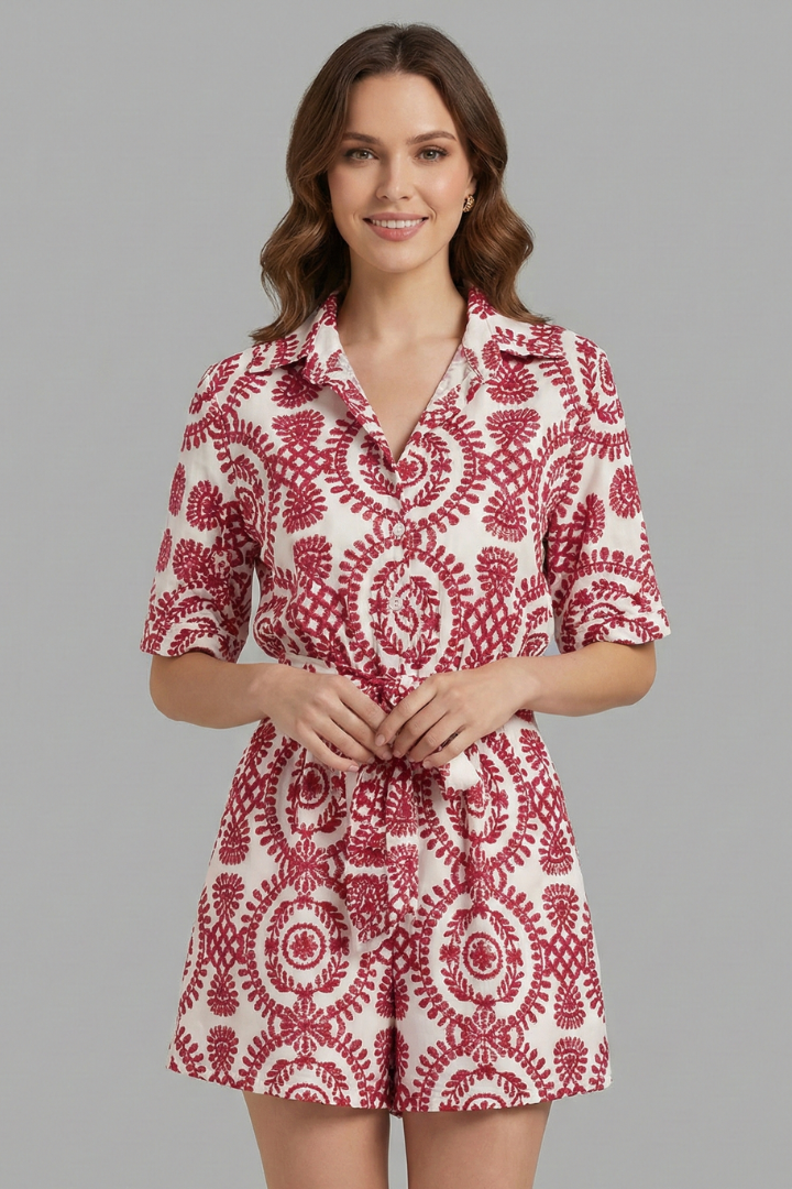 Women’s Romper Dress with V-Neck and Tie Waist