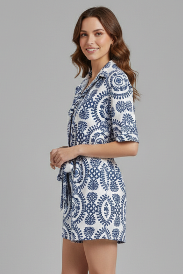 Women’s Romper Dress with V-Neck and Tie Waist