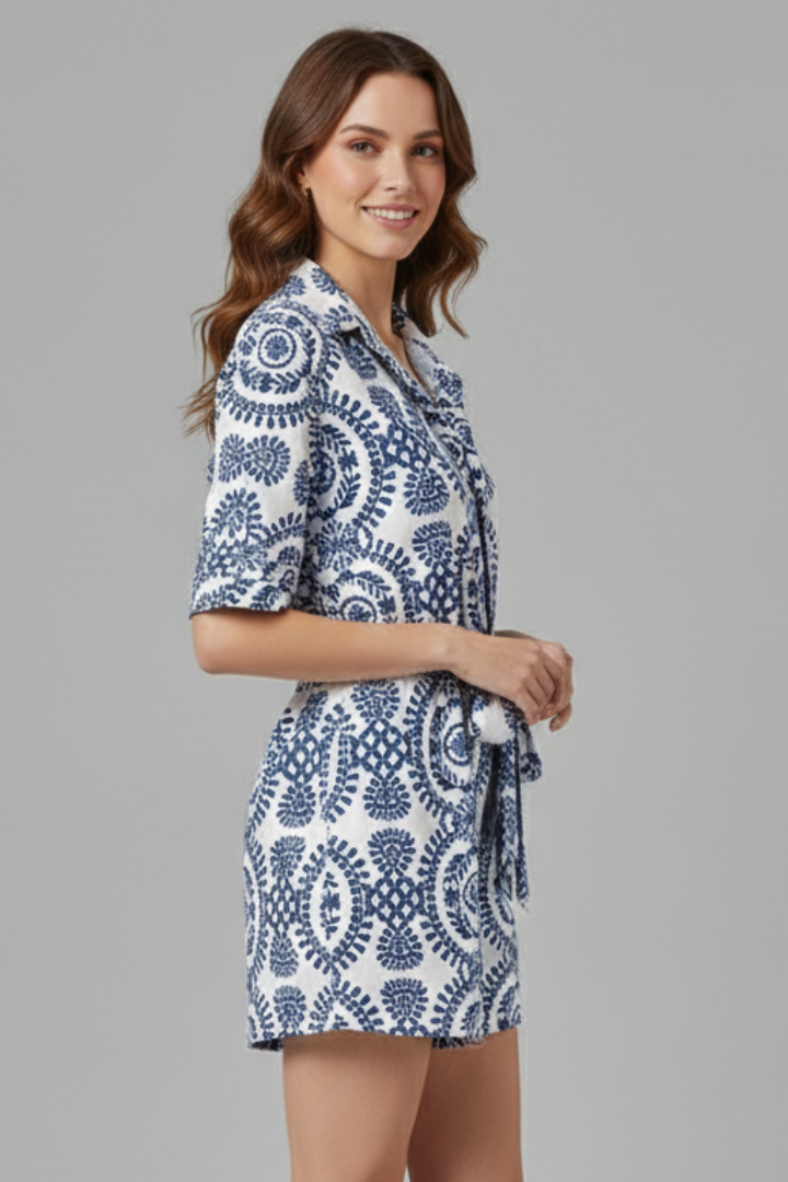 Women’s Romper Dress with V-Neck and Tie Waist