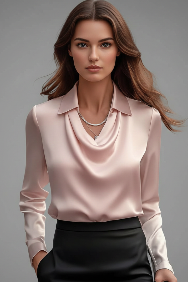 Women’s Blouse with Draped Collar and Long Sleeves