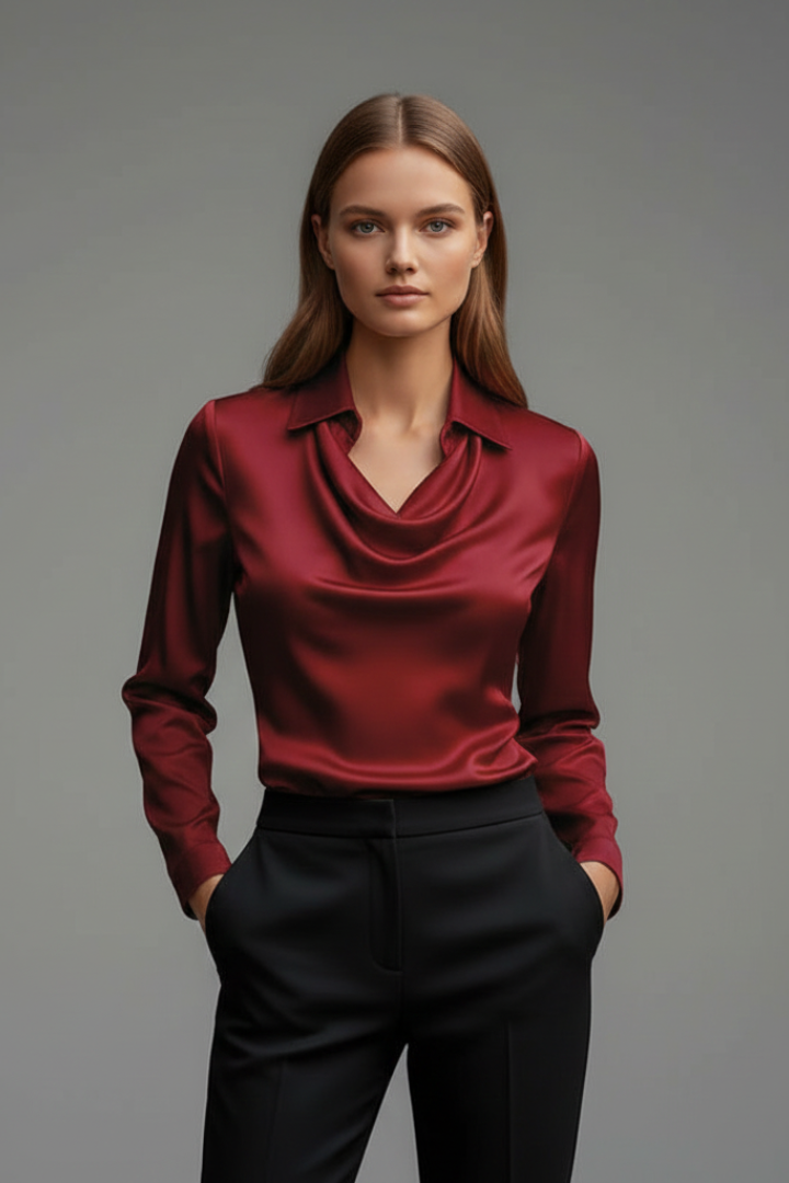 Women’s Blouse with Draped Collar and Long Sleeves