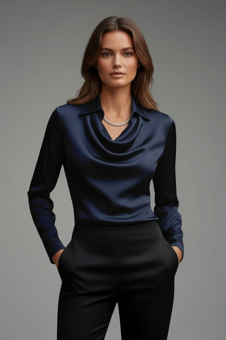 Women’s Blouse with Draped Collar and Long Sleeves