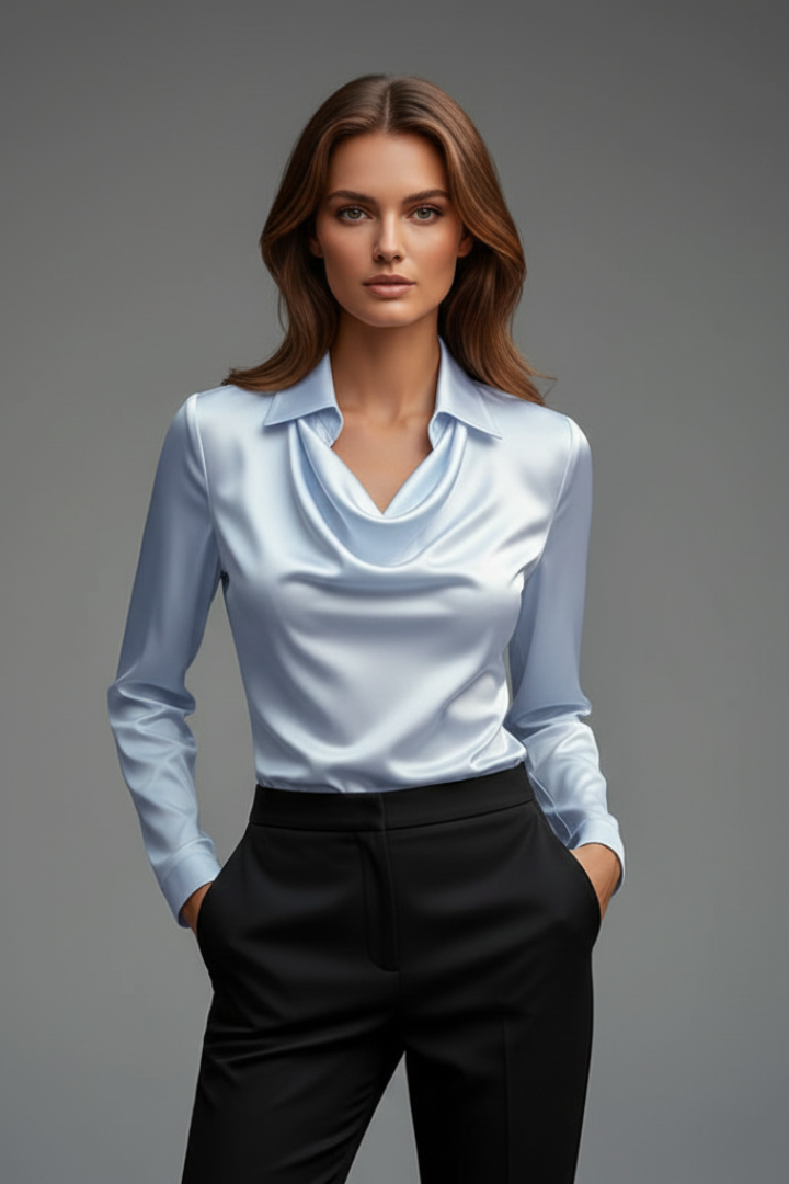 Women’s Blouse with Draped Collar and Long Sleeves