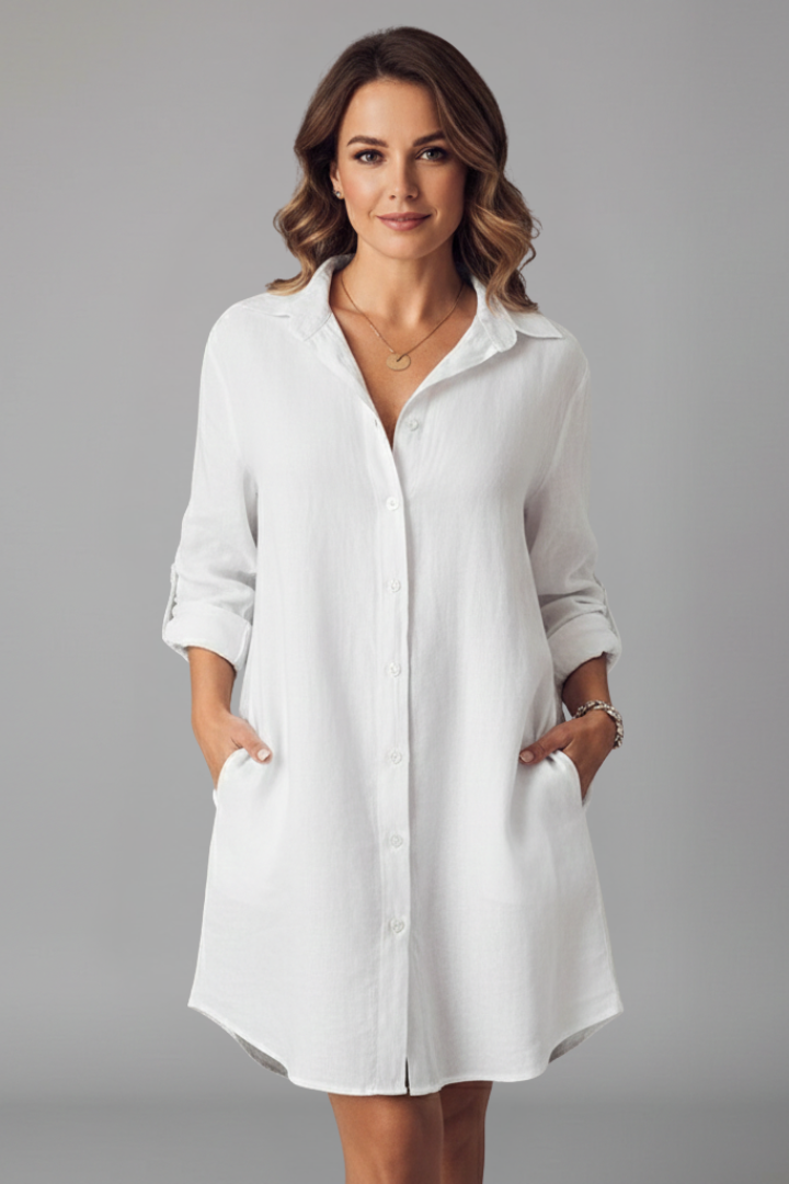 Women’s Shirt Dress with Turned Collar and Button Closure