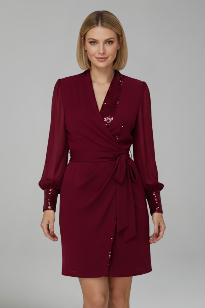 Women’s Short Dress with V Neckline and Long Sleeves