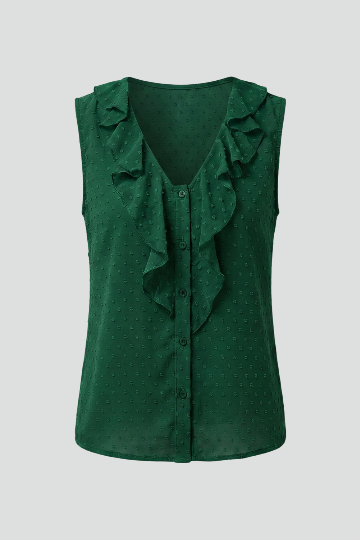 Women’s Sleeveless Blouse with V-Neck and Ruffle Trim