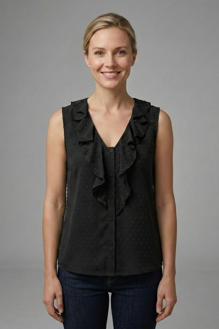 Women’s Sleeveless Blouse with V-Neck and Ruffle Trim