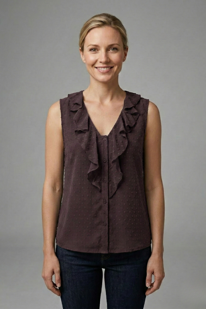 Women’s Sleeveless Blouse with V-Neck and Ruffle Trim