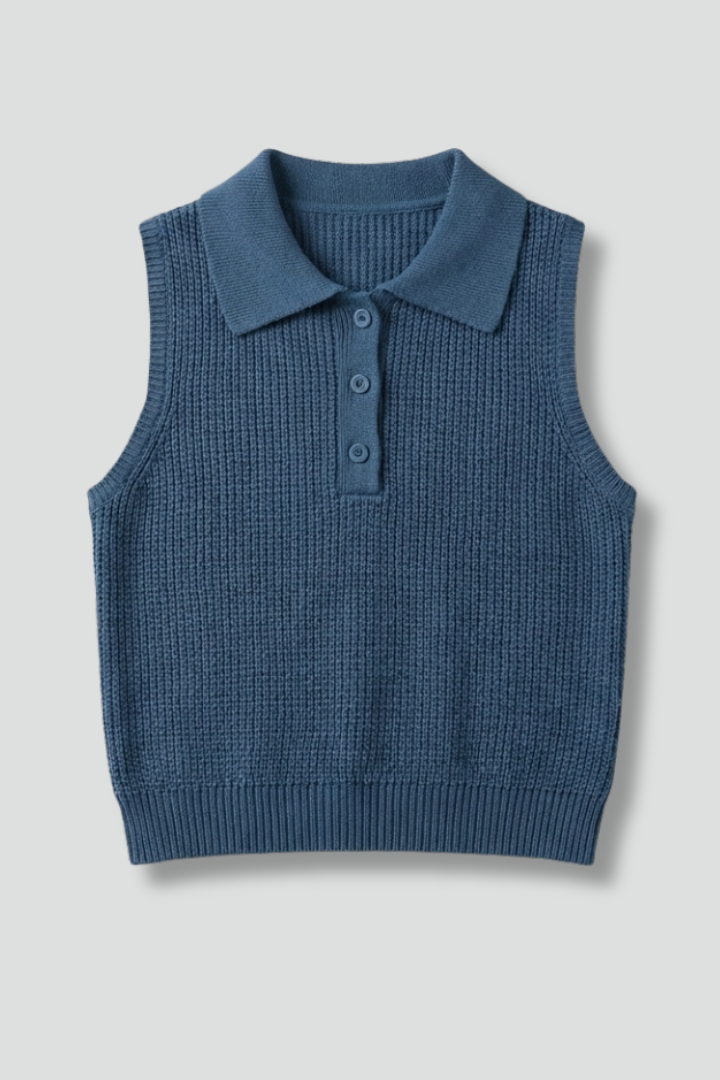 Women’s Sleeveless Polo Top with Button Placket and Textured Surface