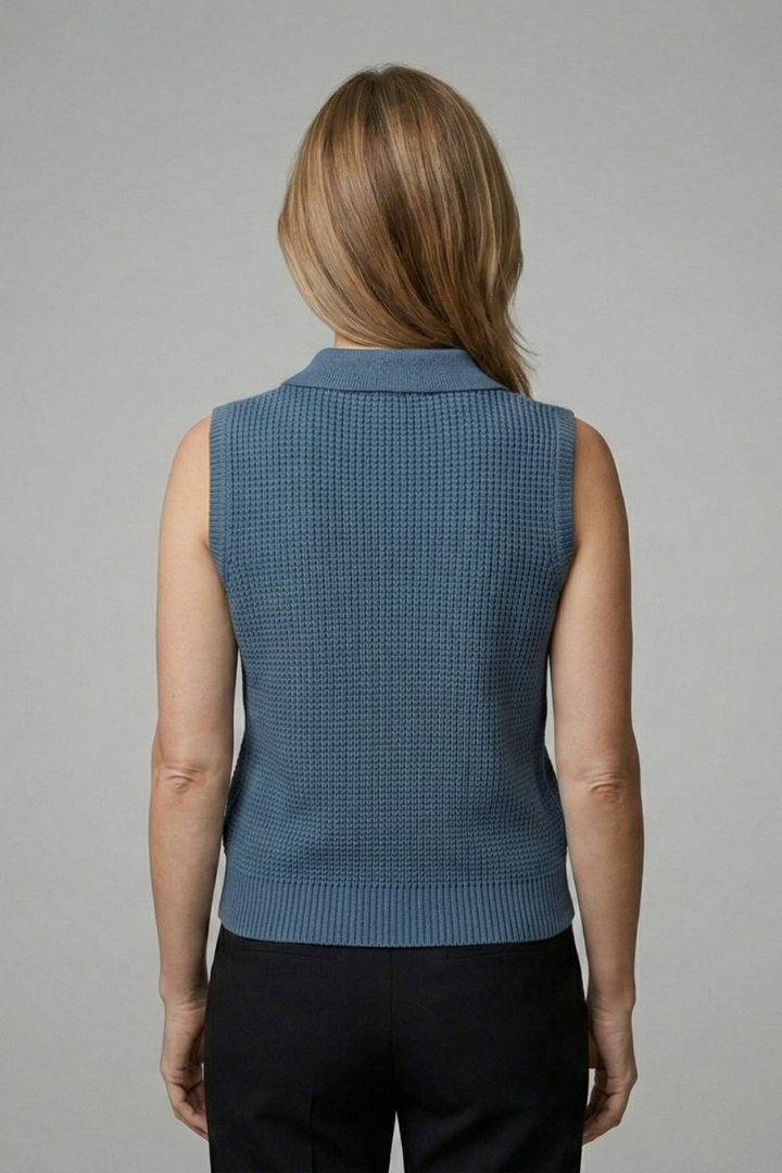 Women’s Sleeveless Polo Top with Button Placket and Textured Surface