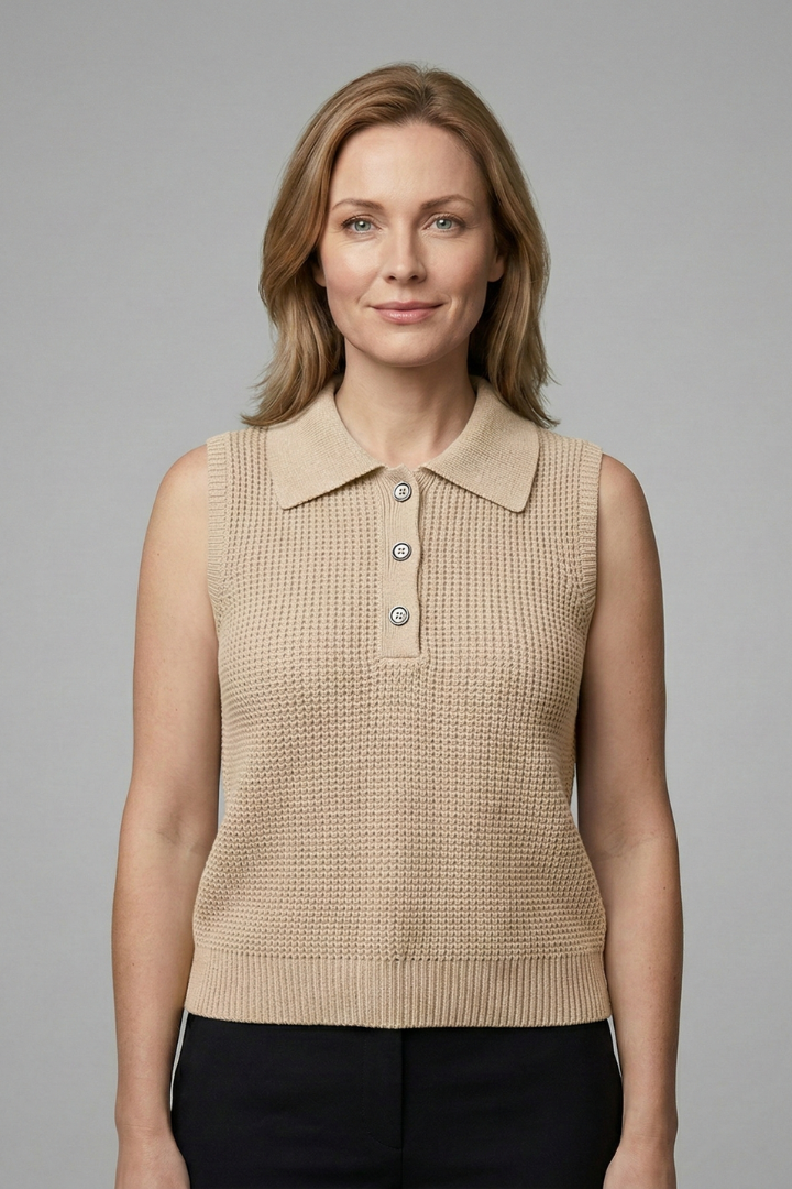 Women’s Sleeveless Polo Top with Button Placket and Textured Surface