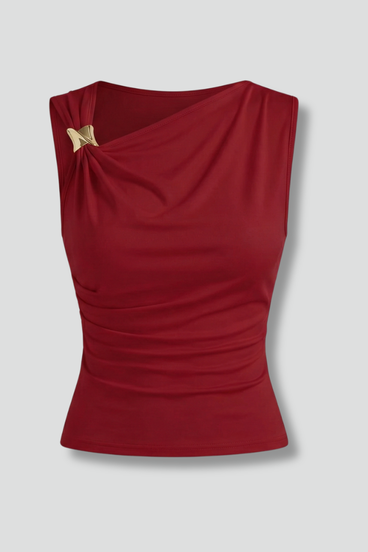 Women’s Sleeveless Top with Asymmetrical Neck and Draped Front