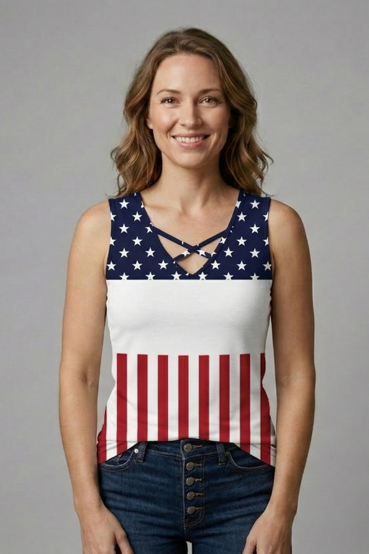 Women’s Sleeveless Top with Criss-cross Neck and Animal Print