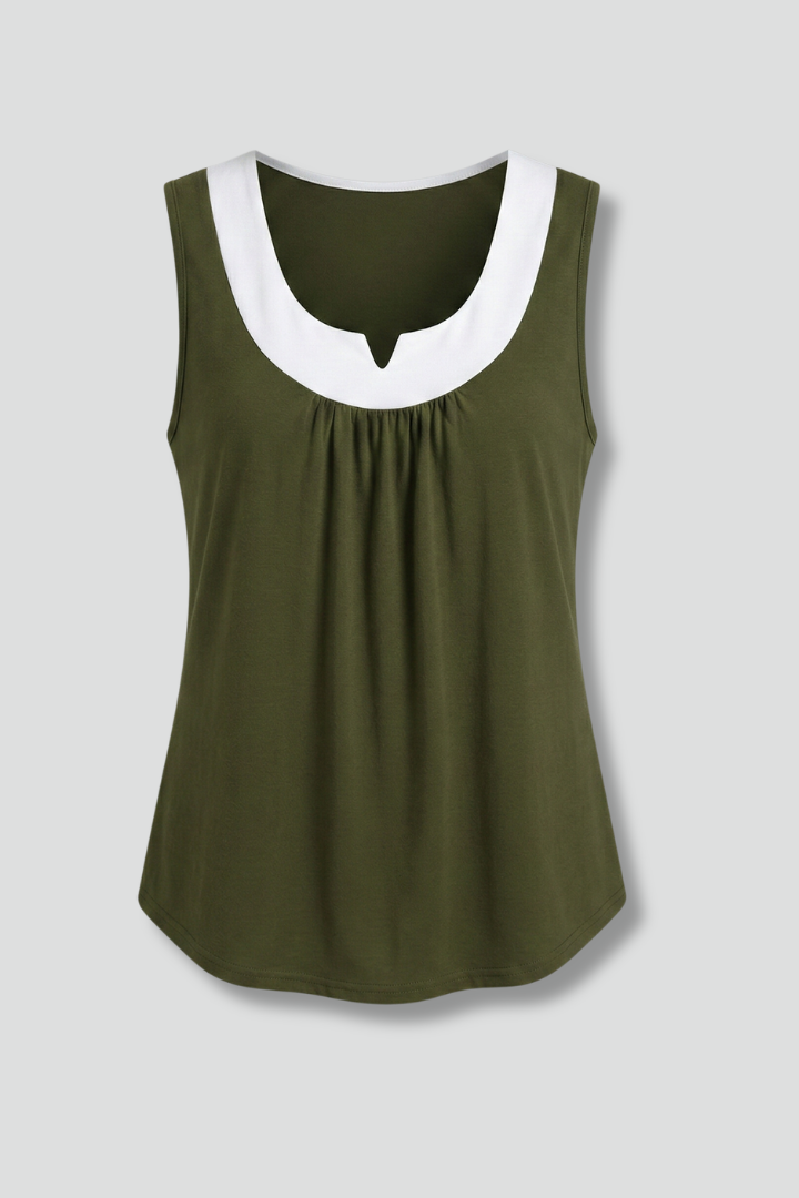 Women’s Sleeveless Top with Layered V-Neck and Rounded Hem