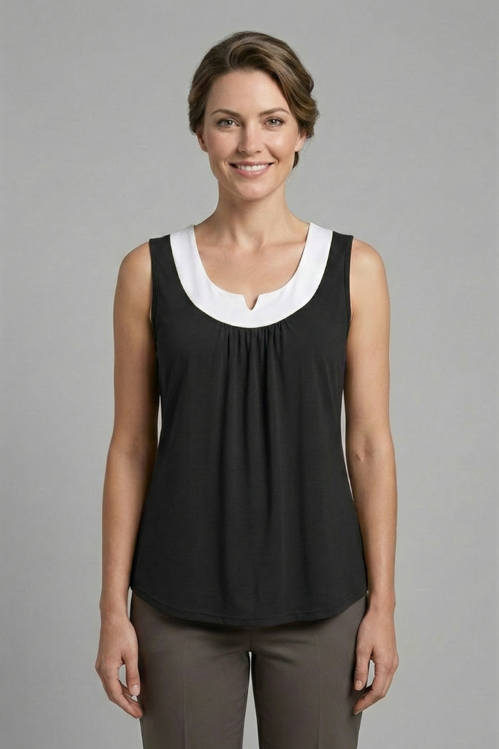 Women’s Sleeveless Top with Layered V-Neck and Rounded Hem