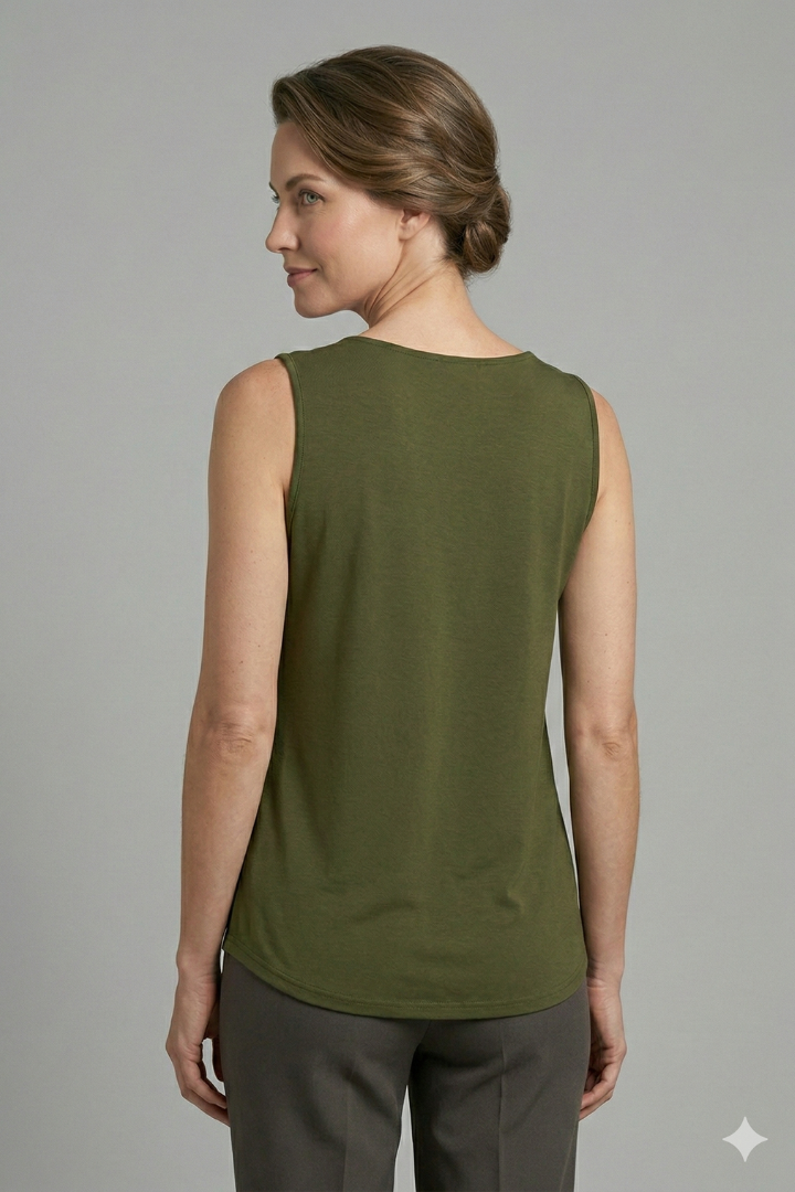 Women’s Sleeveless Top with Layered V-Neck and Rounded Hem