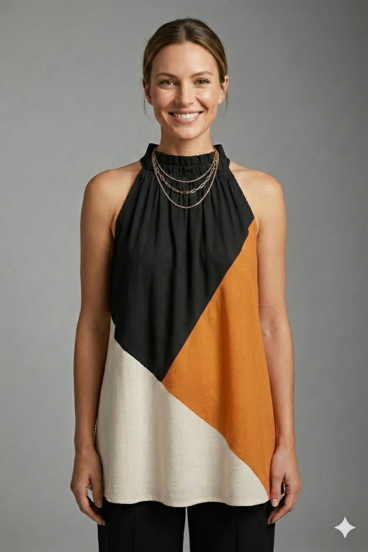 Women’s Sleeveless Top with Round Neck and Colour Block Panels