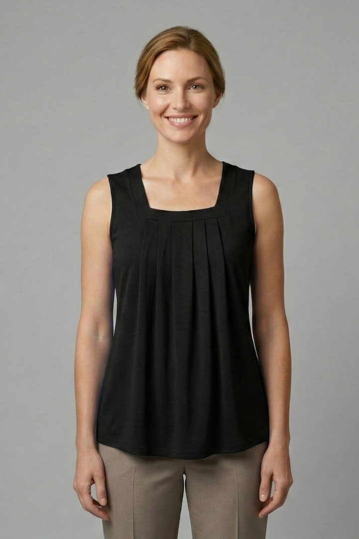 Women’s Sleeveless Top with Round Neck and Pleated Front