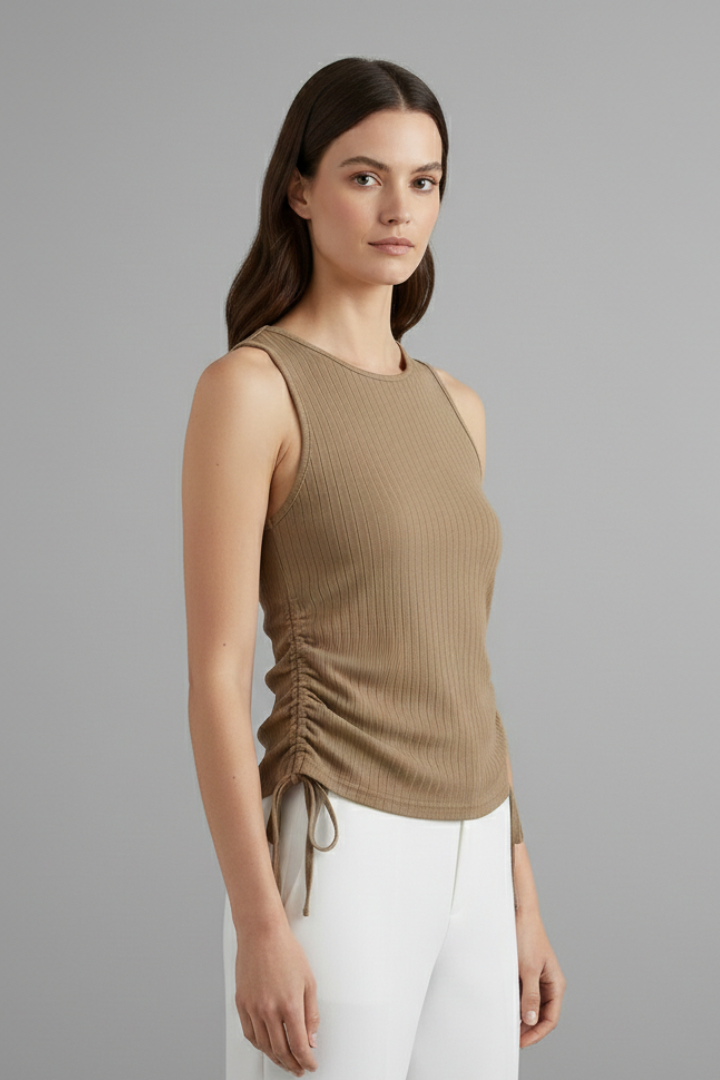 Women’s Sleeveless Top with Round Neck and Side Ruching