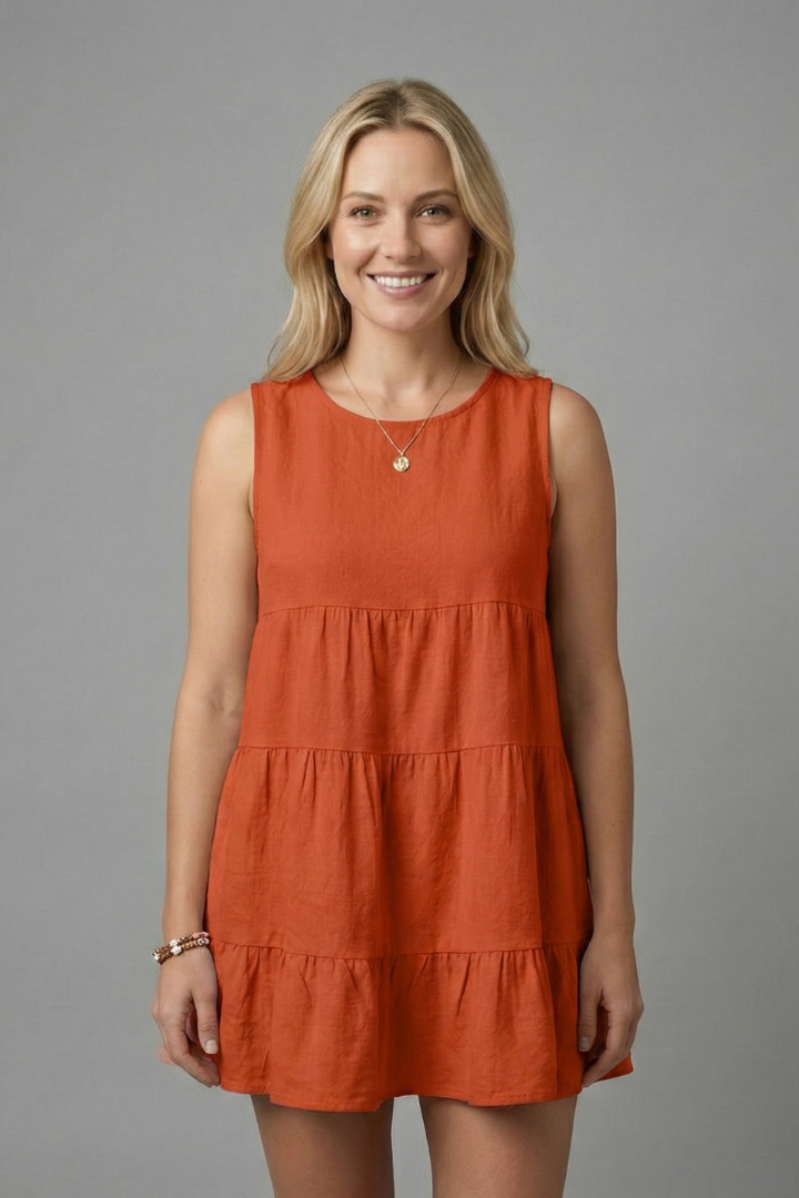 Women’s Sleeveless Top with Round Neck and Tiered Hem