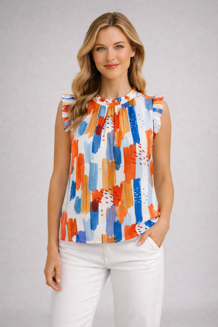 Women’s Sleeveless Top with Ruffle Collar and Abstract Print