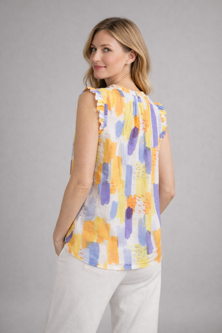 Women’s Sleeveless Top with Ruffle Collar and Abstract Print