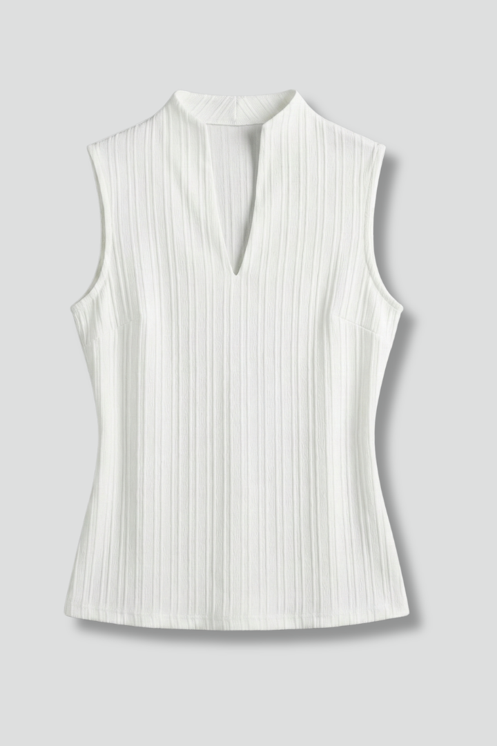 Women’s Sleeveless Top with Stand Collar and Pleated Surface