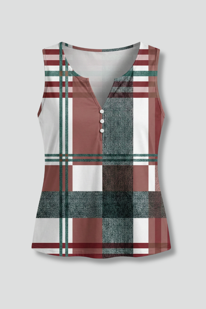 Women’s Sleeveless Top with V-Neck and Check Print