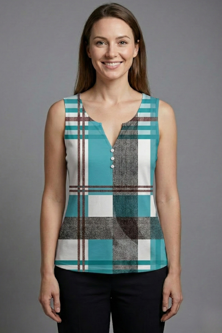 Women’s Sleeveless Top with V-Neck and Check Print