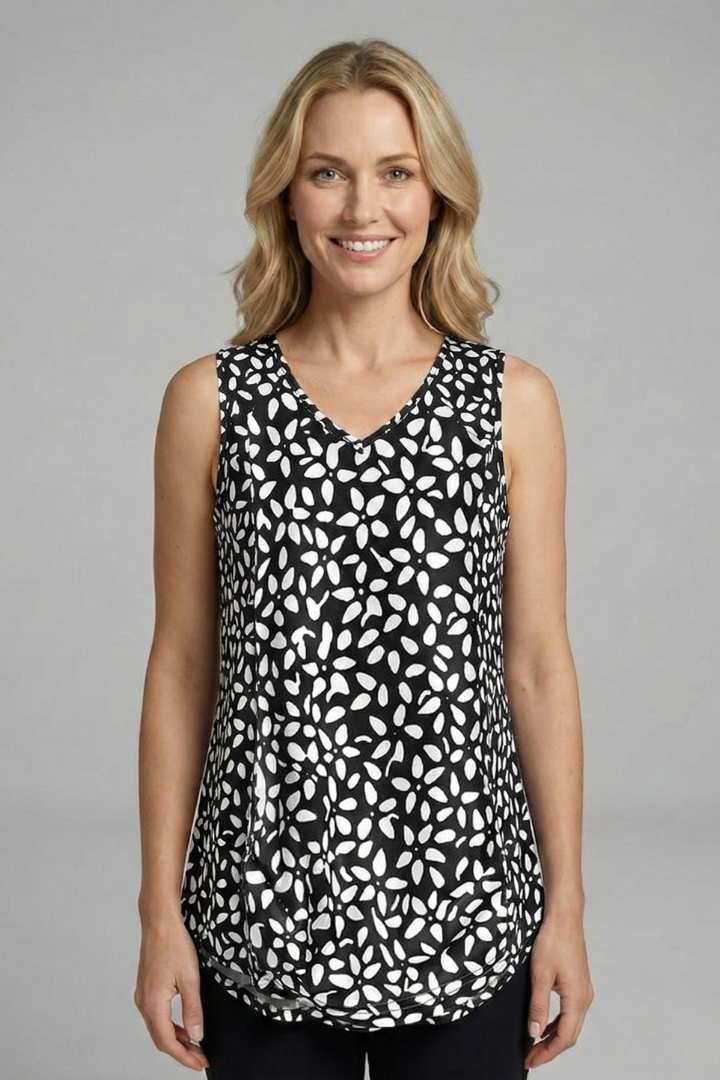 Women’s Sleeveless Top with V-Neck and Leaf Print