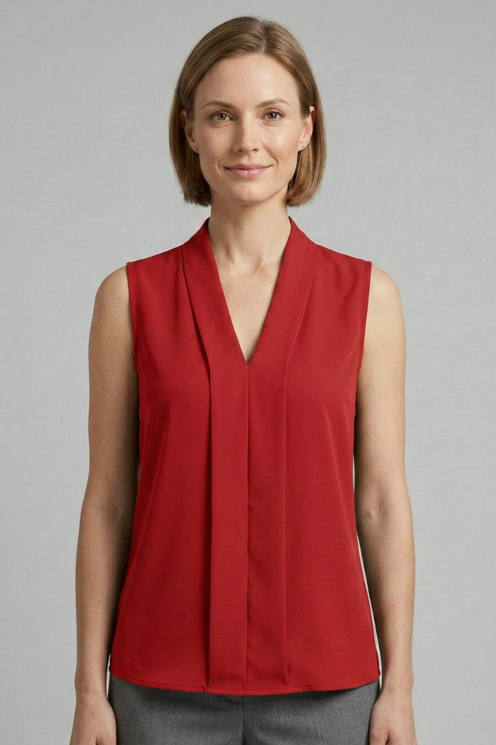 Women’s Sleeveless Top with V-Neck and Pleated Front
