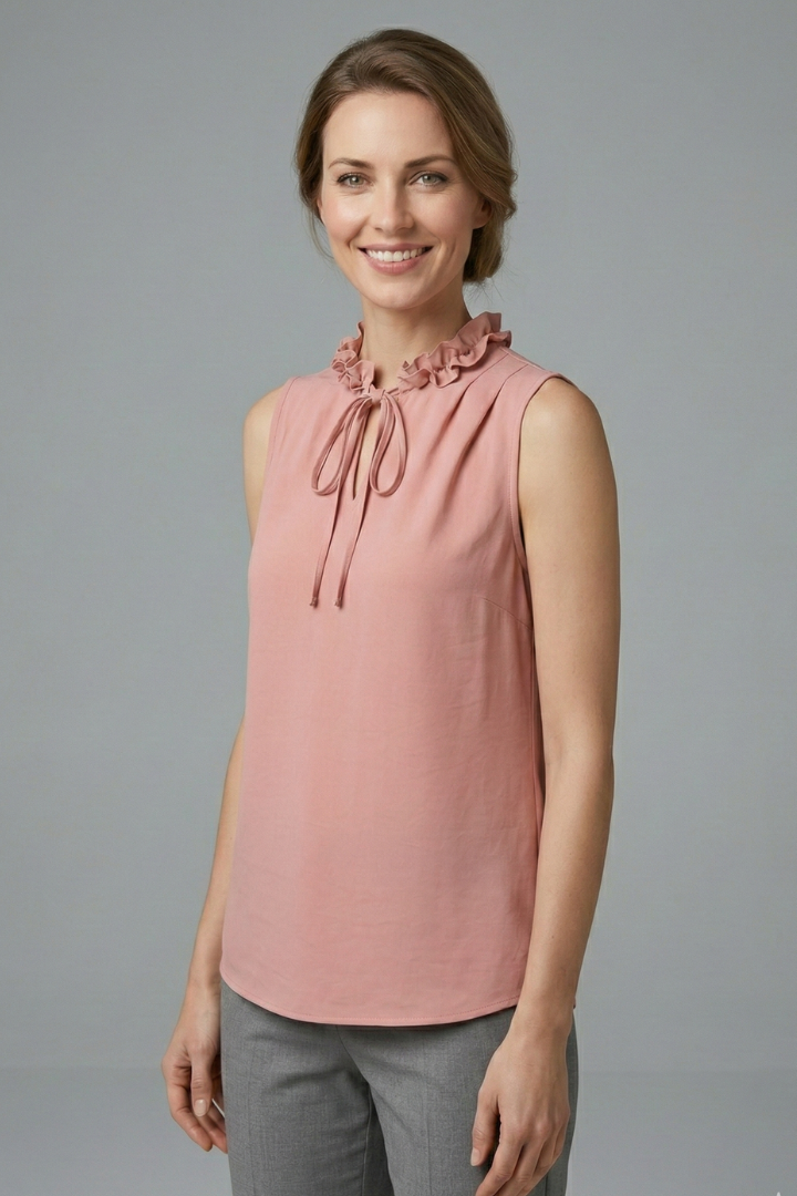 Women’s Sleeveless Top with V-Neck and Ruffle Detail