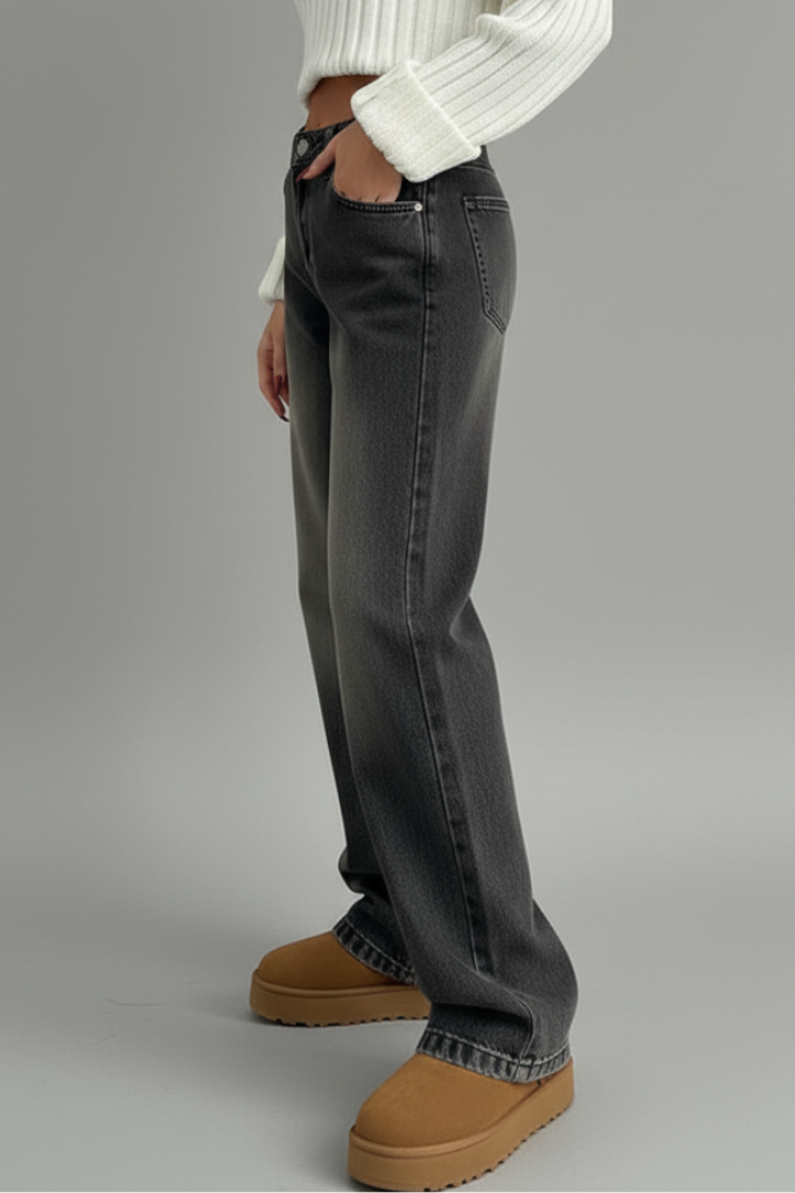 Women’s Straight Leg Jeans with Button Fly and Low Waist