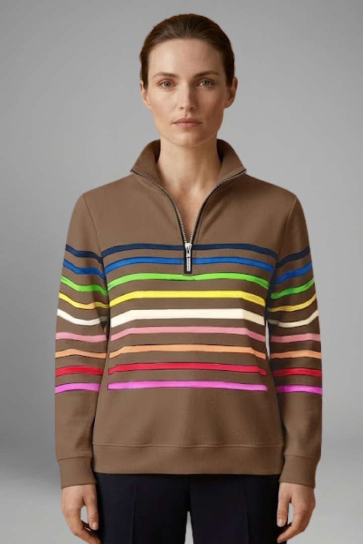 Women’s Sweatshirt with Half Zip and Striped Pattern