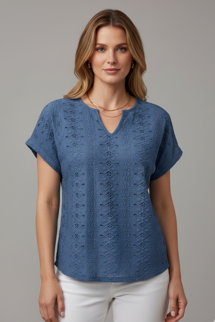 Women’s T-Shirt with Notched Neckline and Eyelet Surface