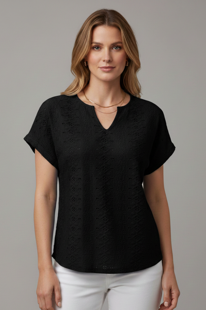 Women’s T-Shirt with Notched Neckline and Eyelet Surface