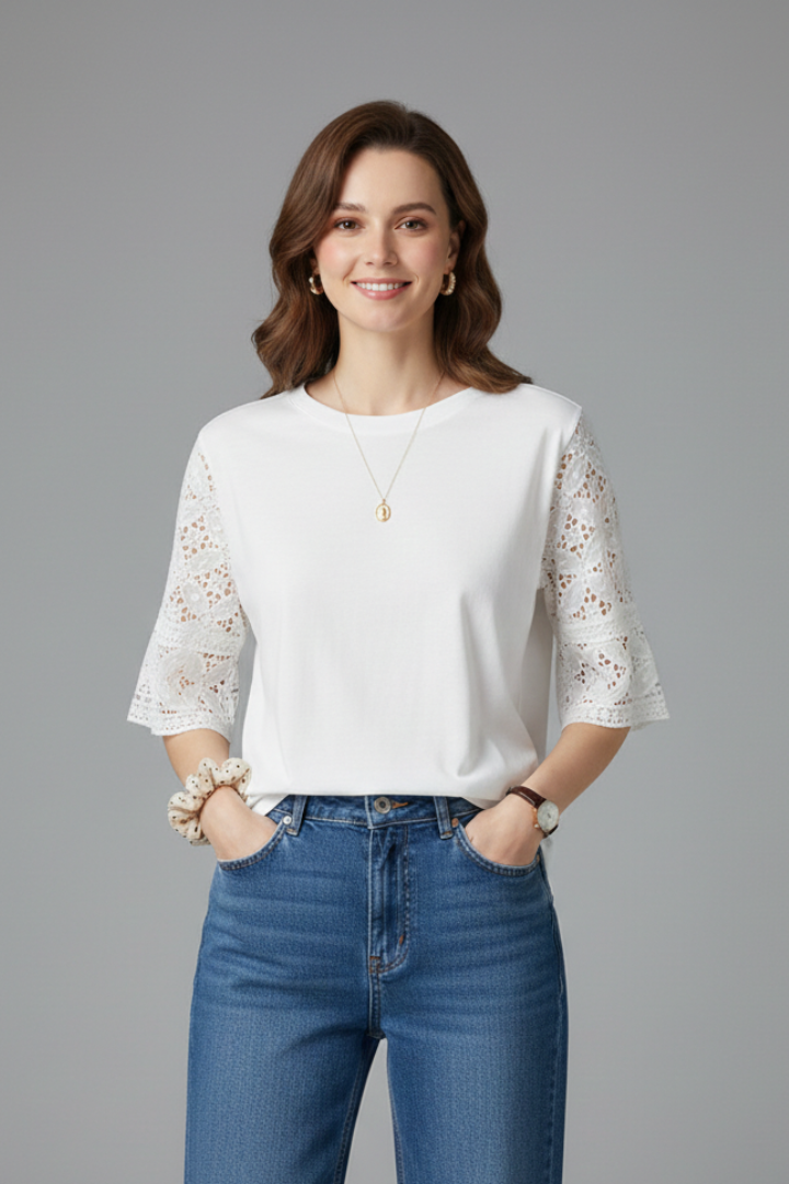 Women’s T-Shirt with Round Neckline and Trim