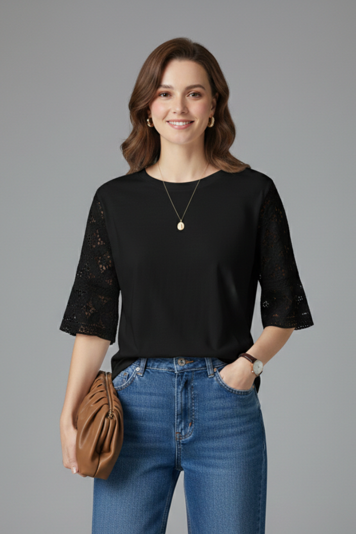 Women’s T-Shirt with Round Neckline and Trim