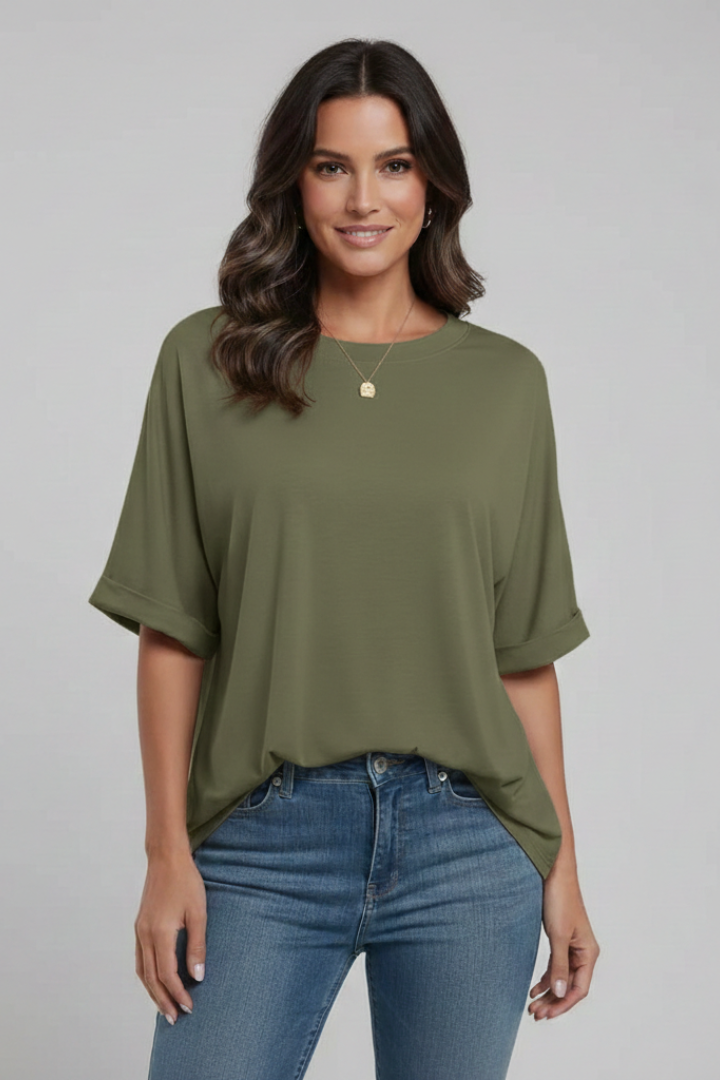 Women’s T-Shirt with Round Neckline and Turn-Up Sleeves