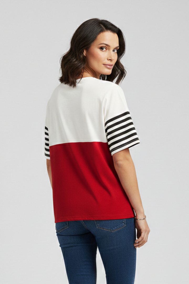 Women’s T-Shirt with Striped Sleeves and Chest Pocket